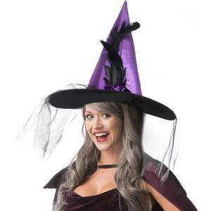 JUSTOTRY Halloween Witch Hat - Halloween Costume Witches Hats for Women attached with Roses & Feathers (Purple)