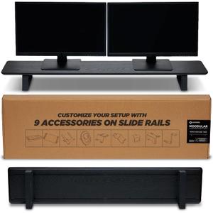 ULTRARM Moodular Wooden Monitor Stand 45.6 (116cm) Large Desk Organizer with Metal Slide Rails for Drawer, Tray, Laptop, Tablet, Phone & Headphones Customizable Riser for Organized Workspace Black