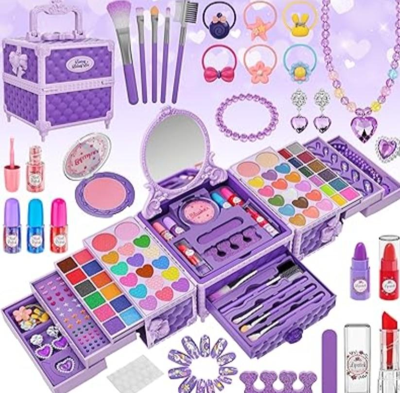 99 Pcs Kids Makeup Kit for Girls, Princess Toys Real Washable Cosmetics Set with Mirror, Hair Ties, Nails, Rings, Earrings, Necklace, Perfect for 3 4 5 6 7 8 Year Old Girls Birthday