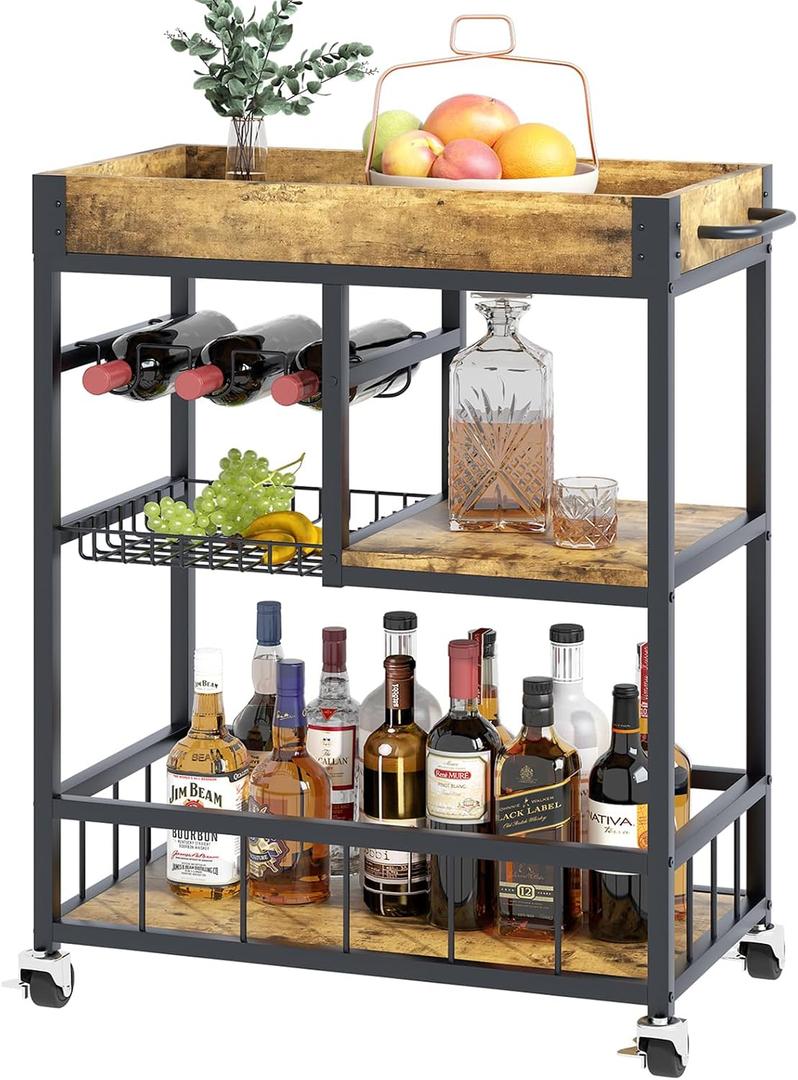 Bar Cart with Basket 3 Tiers Home Rolling Wine Rack with Wheels Mobile Kitchen Industrial Vintage Style Wood Metal Serving Trolley Serving Cart,Glass Holder Bar Cabinet, Rustic Brown, 29"D x 13"W x 33"H