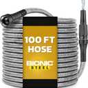 BIONIC STEEL 100 Ft Metal Garden Hose with Sprayer Nozzle, Non Kinking Designed Stainless Steel Heavy Duty Water Hose 100 Ft x 5/8 in. Flexible NON Expandable for Uninterrupted Water Flow, 500 PSI