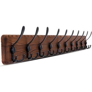 Kruodop Large Coat Rack Wall Mount Coat Hooks Coat Hanger with 10 Metal Black Triple- Hooks Brown Pine Real Wood Plank Hat Rack for Wall Hooks for Hanging Coat Hat Jacket