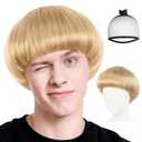Bowl Cut Wig Mushroom Wigs with Bangs Funny Wigs for Men Short Blonde Wig Straight for Adult Bob 60s 70s Cosplay for Halloween Costume Party Anime Outfit Daily Wear + Hair Cap