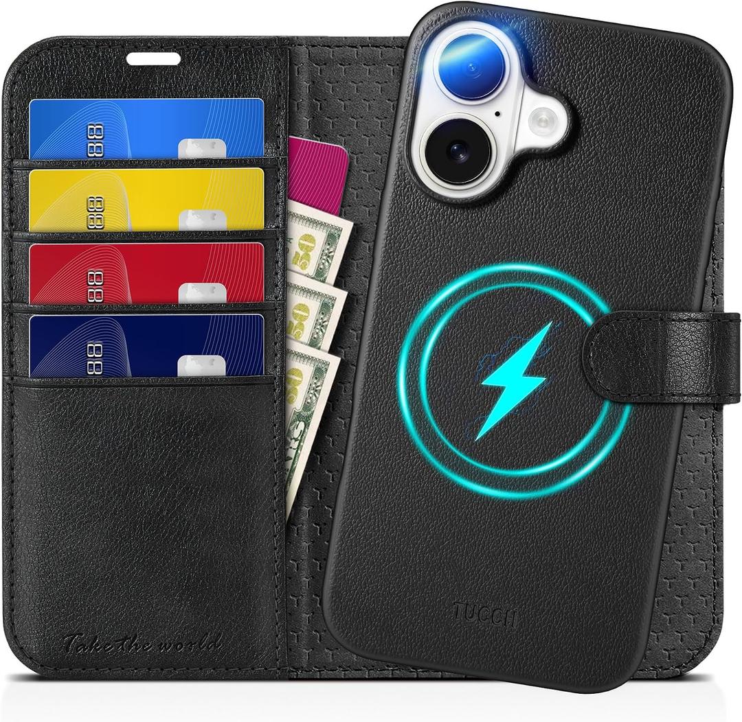 TUCCH Wallet Case for iPhone 16, [Detachable] [RFID Blocking] [4 Card Slots] Wireless Charging Protective Case, Magnetic PU Leather Stand Removable Folio Compatible with iPhone 16, Full Textured Black