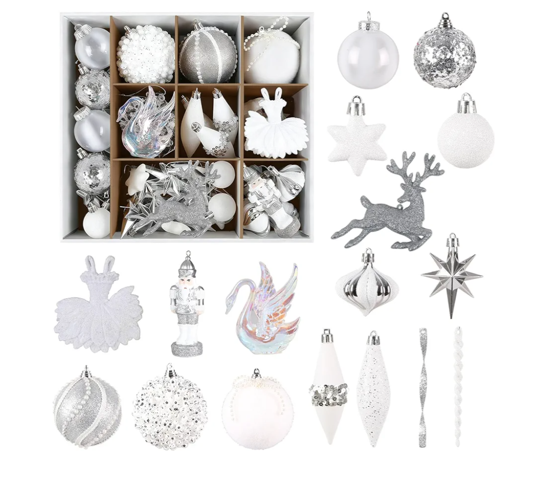 SHareconn 80ct Christmas Tree Balls Ornaments, Snow Fairyland Series Gift Box, Shatterproof Plastic Decorative Baubles for Xmas Decor Holiday Wedding Party Decoration with Hanging Hooks,Silver & White