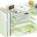 Desk Organizers and Accessories, 5-Tier Paper File Organizer with Drawer & Pen Holder, Office Desk Accessories Workspace Desktop Organizer for Office Supplies((Green)