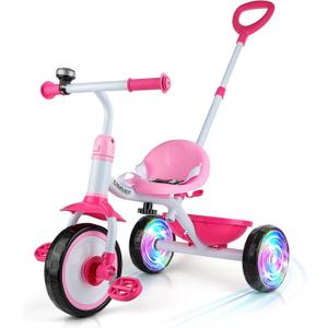 Liberry 2 in 1 Toddler Tricycle Age 2 3 4 Years Old, Kids Trike with Light Up Wheels, Adjustable Push Handle, 3 Wheel Bike Outdoor Indoor Riding Toy for Girls Boys, Pink