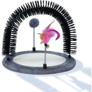 SMOUATOU Interactive Toy with Scratching Pads for Indoor Cats,Interactive Cat Toy with Feather Toys and Self-Grooming Brush,Interactive Cat Toy for Indoor Cats,Grey (Round)