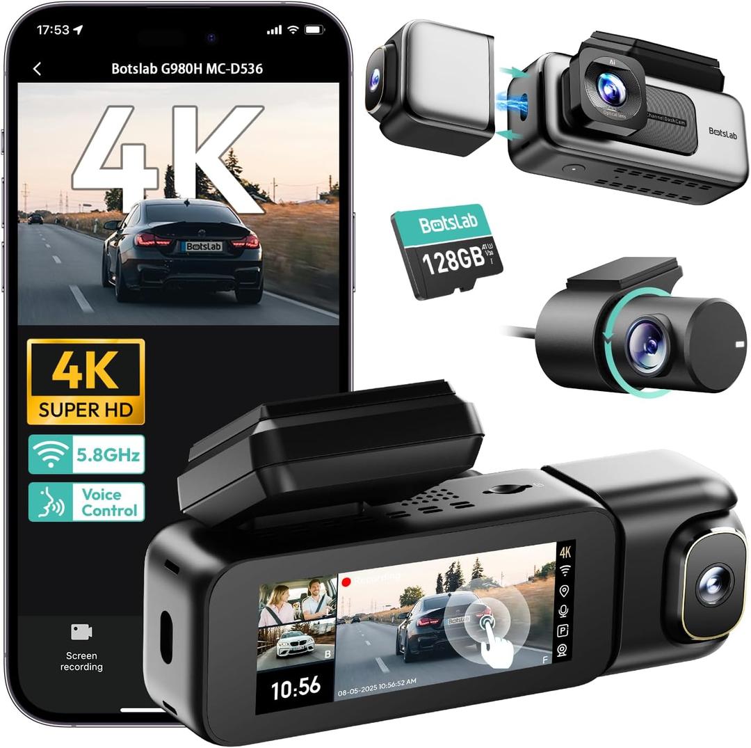 BOTSLAB 3 Channel Dash Cam 4K with 128GB Card, 3.18" Touch Screen, Voice Control, 4K Dash Cam Front and Rear Inside Loop Recording, 5.8GHz WiFi, GPS, Night Vision, WDR, Parking Mode (Dark Gray)