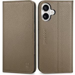 SHIELDON Wallet Case for iPhone 16 Plus 6.7", Genuine Leather Book Cover RFID Blocking Credit Card Slots Magnetic Closure Shock Absorbing Phone Case Compatible with iPhone 16 Plus 2024 - Pebbled Khaki