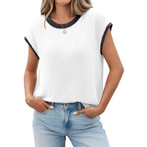 Tankaneo Women's Summer Color Block T-Shirts Cap Sleeve Textured Ribbed Knit Tees Casual Ringer Crew Neck Loose Fit Tops, Size XXL