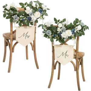 Ling's Moment Mr and Mrs Sign, Bride and Groom Chair Sign for Wedding Chair Decor, 2 Pack Artificial Flower Garland for Wedding, Party, Home Centerpiece Table Decorations (Dusty Blue & Navy)