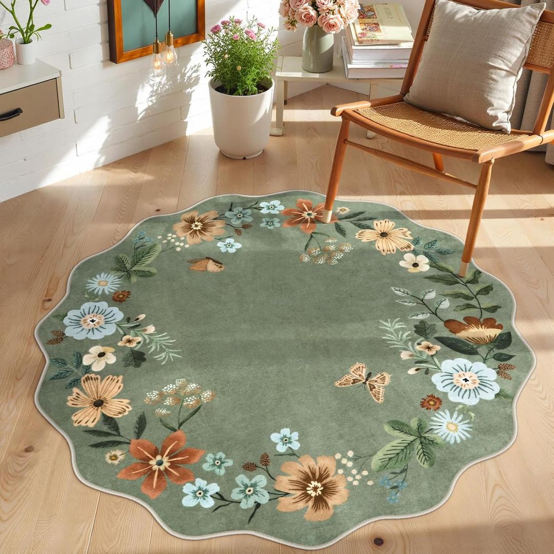 Lahome Floral Round Area Rugs, Washable Small Round Rug 3ft Non-Slip, Soft Boho Ultra-Thin Circle Carpet for Bedroom Entryway Kitchen Laundry Bathroom, Green