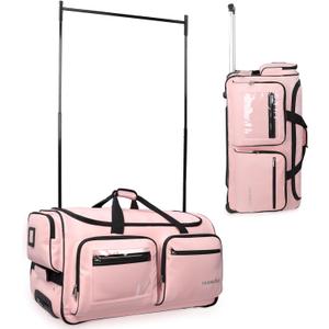 Fanwoli 28" Dance Bag with Garment Rack | Upgraded Stable System & Fabric | More Lightweight & Wear-Resistant | Ideal Competition Rolling Duffle Bag | Pink/Black Trim