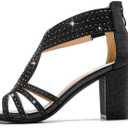 Women's Rhinestone Sparkly Chunky Block Heel Sandals Open Toe Dressy Shoes with Zipper Closure for Wedding Prom Homecoming Hoco Formal Events (8, Black)