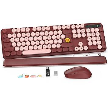 Wireless Keyboard and Mouse Combo - Retro Keyboard with Round Keycaps, Full-Size Typewriter Keyboard with Detachable Wrist Rest, 2.4GHz Connection for Mac/Windows/PC (Red) Wireless Keyboard and Mouse Combo - Retro Keyboard with Round Keycaps, Full-Size Typewriter Keyboard with Detachable Wrist Rest, 2.4GHz Connection for Mac/Windows/PC (Red)