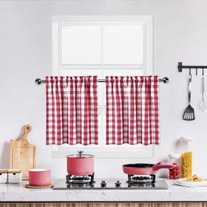 Red and White Tier Kitchen Curtains 30 Inches Long,Burgundy Buffalo Plaid Gingham Rod Pocket Window Treatment Set Half Window Cafe Curtains for Kitchen Bathroom,28"Wx30"L,Red/White,Set of 2