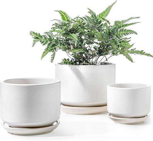 LE TAUCI Ceramic Plant Pots, 4.3+5.3+6.8 inch, Set of 3, Planters with Drainage Hole and Saucer, Indoor Flower Pot with Hole Mesh Pad, Gifts for Mom, White