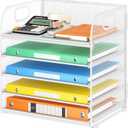 Lavatino 5 Tray Paper Organizer Letter Tray with Handle - Mesh Desk File Organizer, Paper Sorter Organizer for Office, Home or School File Folder Holder - White