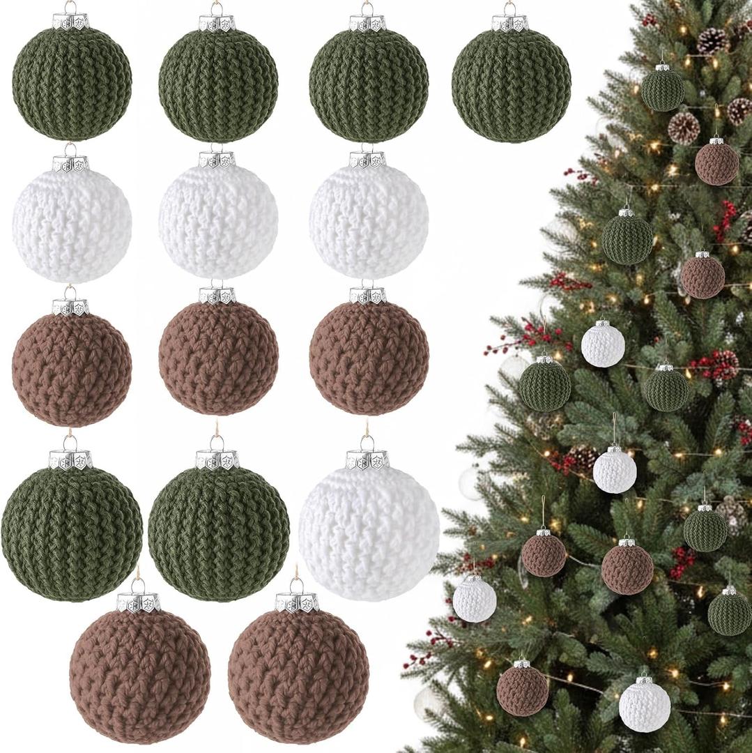 Suzile 15 Pcs Crochet Christmas Balls Ornaments for Gifts 3.1'' and 2.3'' Xmas Tree Neutral Rustic Boho Farmhouse Knitted Hanging Balls for Holiday Wreath Fireplace Garland Decor(Gray, White, Green)