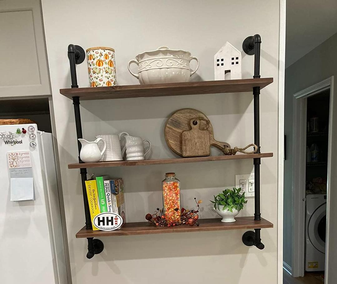Industrial Pipe Wall Shelves with Real Wood Plank ,36 Inches Floating Shelves for Wall Farmhouse Book Shelves Dark Brown 3 Tier for Kitchen,Living Room Decor and Bar Shelving, 36 inches x 9.8 inches x 41 inches