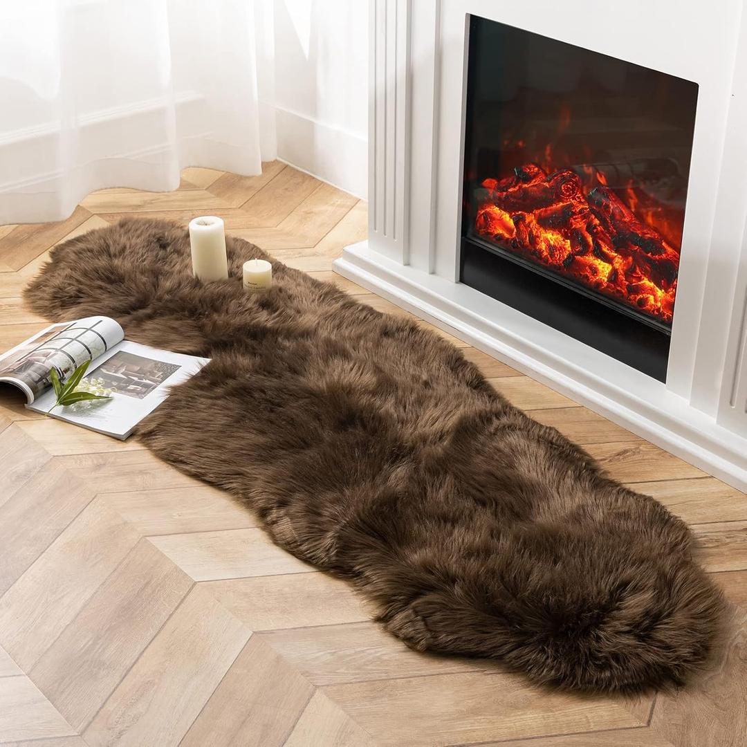 Ashler Faux Fur Rug, Fluffy Shaggy Area Rug Ultra Soft 2 x 6 Feet Sheepskin Fur Rug, Dark Coffee Fuzzy Rug Machine Washable Shag Rug, Nursery Decor Throw Rugs for Bedroom, Kids Room, Living Room