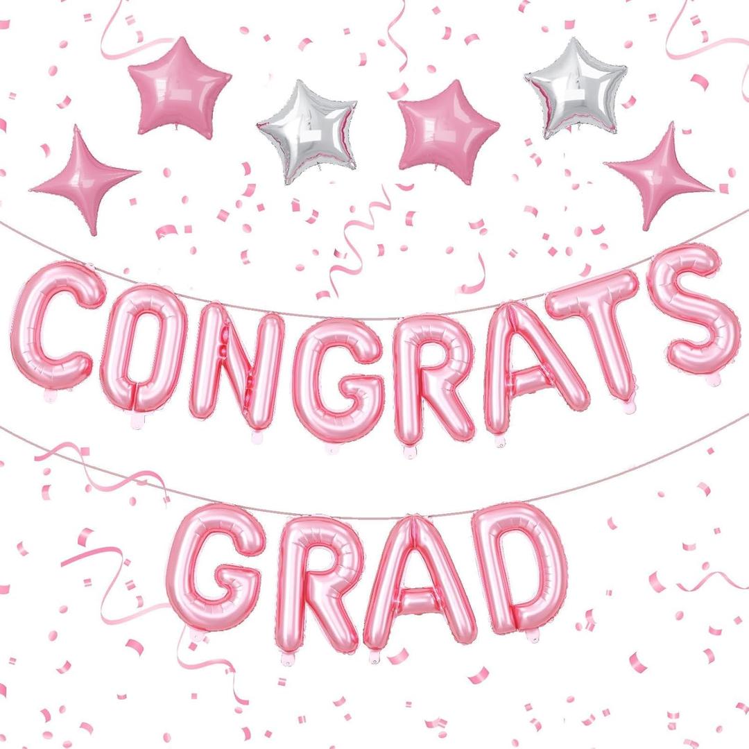 Pink Congrats Grad Balloons,16 Inch Congrats Grad Banner Balloons with 6pcs Pink and Silver Star Balloons with Ribbon for Graduate Party,Graduation Decorations Class of 2026