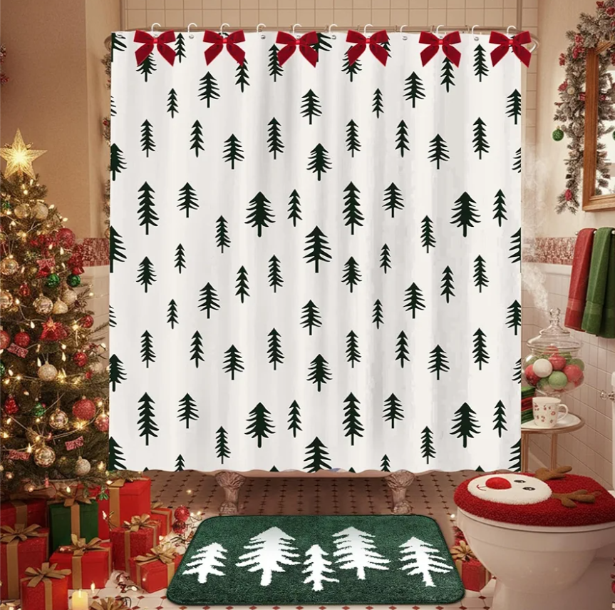 Suncalla 2 Pcs Christmas Tree Bathroom Decor Set Green Christmas Shower Curtain with Non Slip Flocking Bath Rug and 9 Red Bow for Winter Xmas Holiday Bathroom Gift 72''x72''