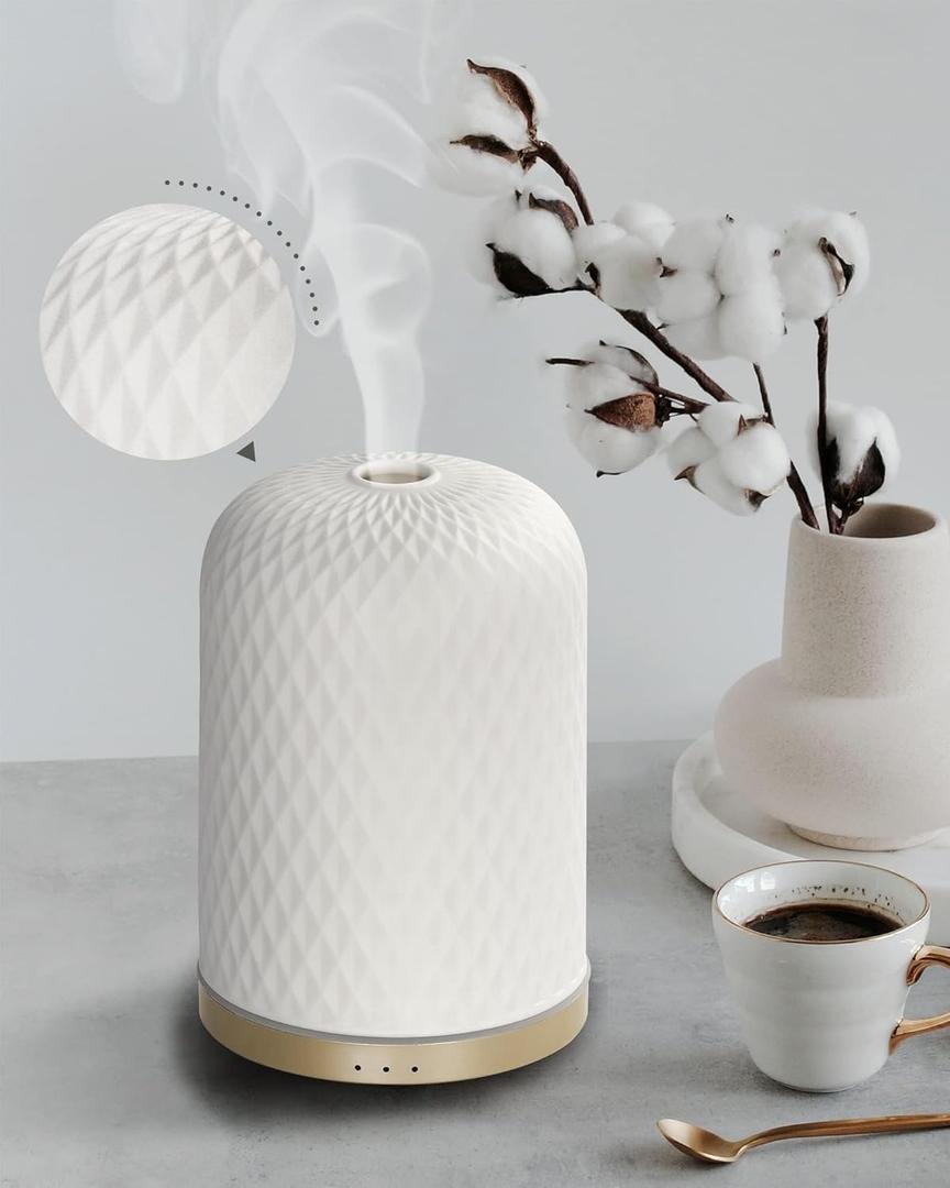 Essential Oil Diffuser,110ML Diffusers for Essential Oils Large Room, Ceramic Diffusers Decorative Ultrasonic Defuser, Ideal for Aesthetic Home,Dorm Dcor, Yoga,White (Gold)