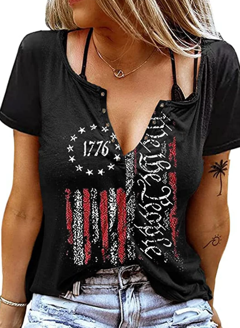 We The People 1776 T Shirt American Flag Patriotic Tee Tops for Women 4th of July Ring Hole Short Sleeve Sexy V-Neck Tshirt, XL