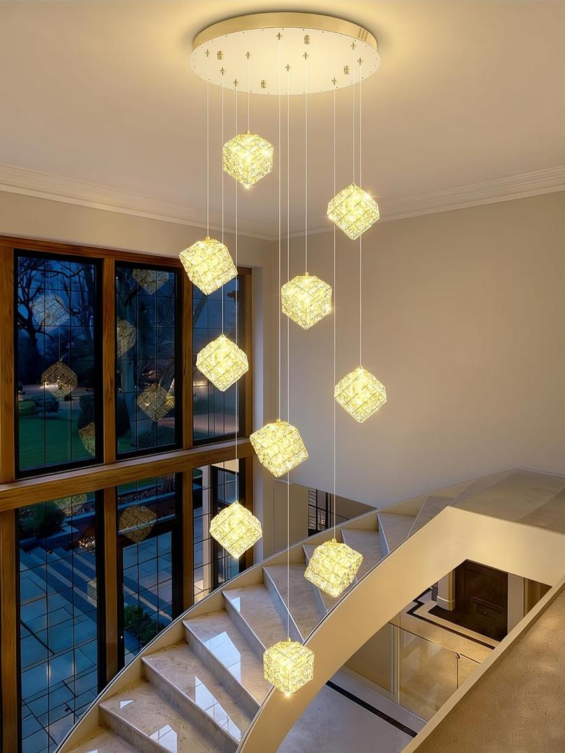10-Lights LED Staircase Chandelier Modern Foyer Crystal Chandeliers Large Gold Chandelier for High Ceilings,Crystal Pendant Light for Living Room Stairwell Dining Room Entryway