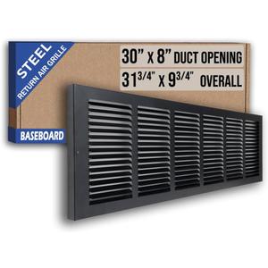Fits 30x8 Duct Opening | Steel Baseboard Return Air Grille by Handua | Vent Cover Grill | 7/8" Margin Turnback [Depth] to Fit Baseboard | Black | Outer Dimensions: 31.75"W X 9.75 "H
