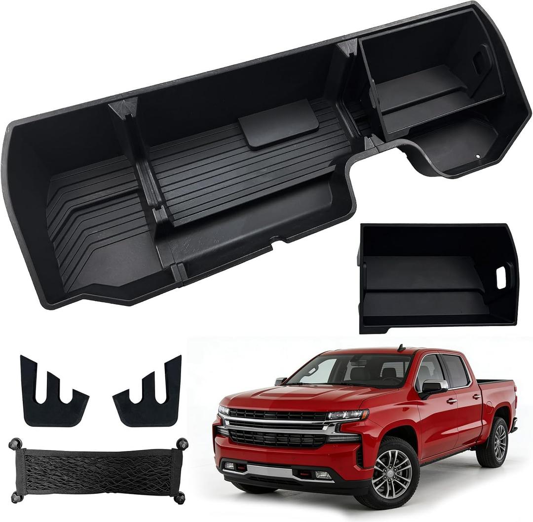 Underseat Storage for 2019-2026 Chevy Silverado 1500 Crew Cab, Divider Under Seat Storage Box for 2020-2026 Silverado/Sierra 2500HD 3500HD Double Cab & Crew Cab with Mesh Pocket & Inner Bin
