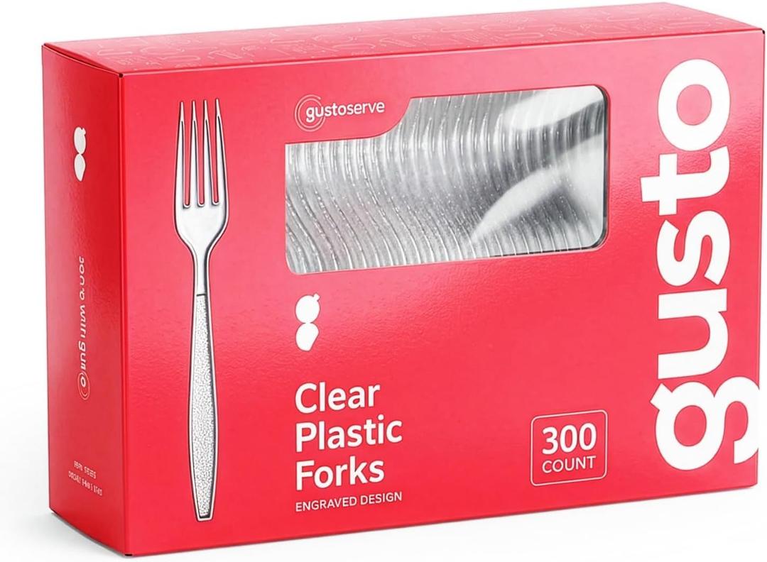 GUSTO [300 Pack] Heavyweight Clear Plastic Forks with Engraved Design - Disposable Sturdy Plastic Utensils for Parties, Weddings, and Events (Formerly Comfy Package)