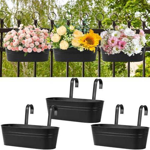 Zishine 15.7 Inch Metal Iron Hanging Flower Pots 2 Pcs Iron Railing Fence Planter with Drainage Holes and Hooks Metal Hanging Bucket Pots for Porch Railing Balcony Fence(Black)