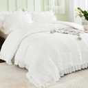 WONGS BEDDING White Queen Comforter Set,Boho Ruffle Comforter for Queen Bed,Soft Seersucker Shabby Chic Bedding Set with 1 Comforter,2 Tufted Pillowcases 90"90"