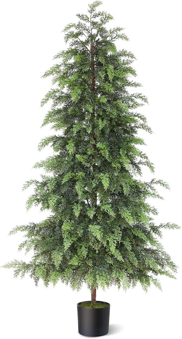 FOTEEWL 5FT Artificial Cedar Trees Topiary for Front Porch Decor - Fake Pine Shrubs Potted Plants Faux Bushes Cypress UV Resistant for Outdoor Indoor Door Offices Farmhouse Home Decor