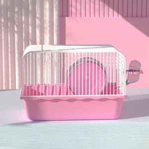 9.16.76.3 inch Small Portable Hamster Cages, Hamster Carrier, Pet Travel Carrier, Small Animal Pet Cages, with Water Bottle, Food Bowl, Wheel, Pink