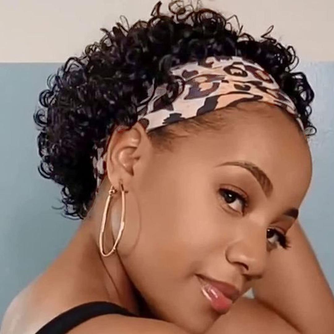INSTASTYLE Headband Wig Human Hair Wigs for Black Women Pixie Cut Wig Put on and Go Glueless Wig Short Curly Headband Wigs 150% Density Natural Black 6 Inch