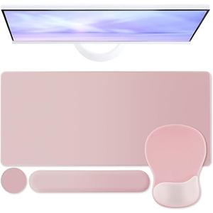 Boutilon Mouse Pad Set,Desk Writing Pad with Wrist Rest, Ergonomic Wrist Support Mouse Pad, Keyboard Wrist Rest, Cup Coaster for Gaming Working Home Office (Pink)