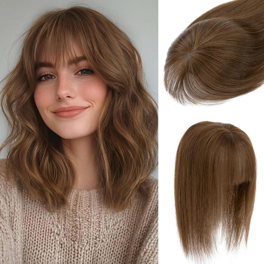 S-noilite Human Hair Topper with Bangs 3603D Cover Toppers Hairpieces for Women Bangs Hair Clip Medium Brown 12inch