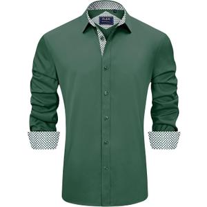 J.VER Men's Casual Long Sleeve Stretch Dress Shirt Wrinkle-Free Regular Fit Button Down Shirts (Green, M)