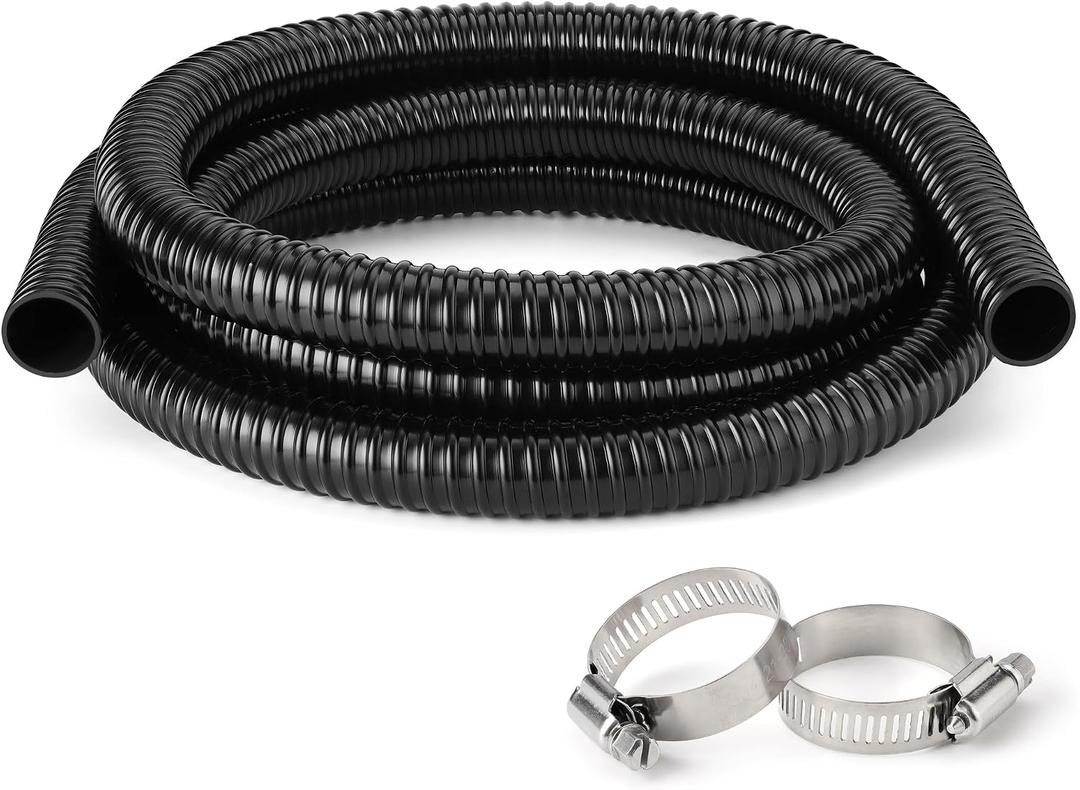 1 Inch Pond Tubing 10ft Flexible PVC Corrugated Pond Hose with 2 Stainless Steel Hose Clamps, Kink-Proof Black Plastic Pump Tubing for Garden Ponds, Waterfalls, Filters & Drainage