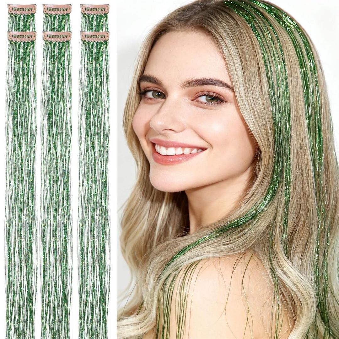 Green Hair Tinsel,Clip In,Heat Resistant,24Inch 80 Strands per Piece, Fairy Hair Strands for St. Patrick Party Cosplay Halloween New Year Cute for Women Adults