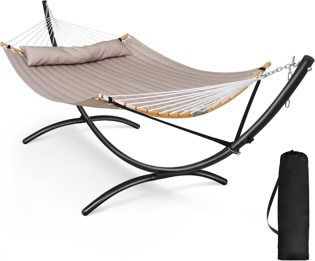 Portable Double Hammock with Stand, Outdoor Standing 2 Person Hammock Combo, Patent Pending, Tan