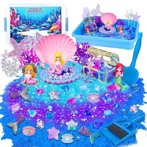 Mermaid Sensory Bin, Play Sand Art Kit with Sandbox & Accessories & Tools & Colorful Sea Shell Conch Starfish Gems Toys Set, Indoor Outdoor Pretend Play Beach Toy Birthday for Girls Boys 3 4 5 6 7 8