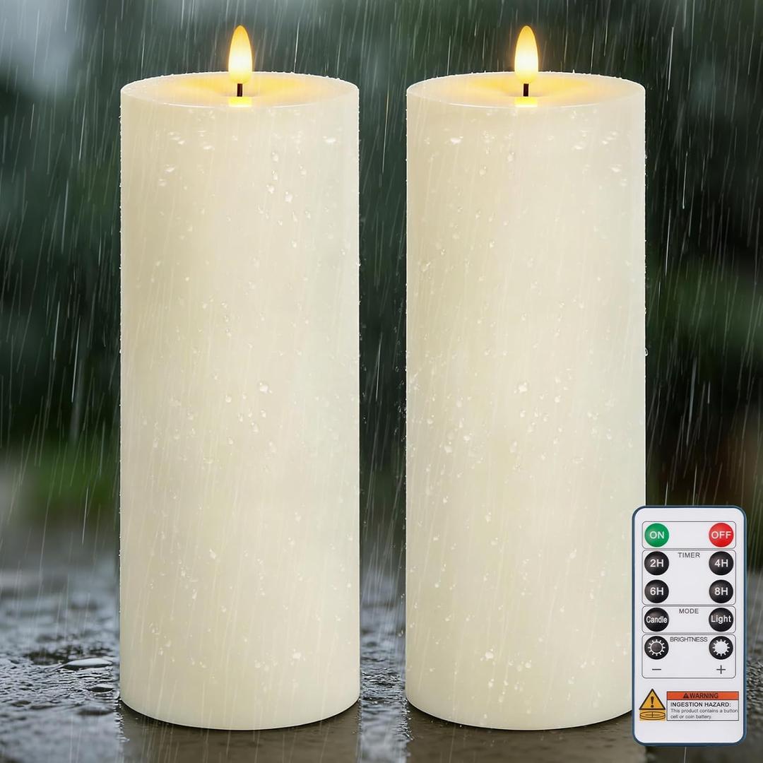 Homemory Outdoor Waterproof Flameless LED Candles 4" x 12", Battery Operated Large Pillar Candles with Remote & Timer, Long Lasting for Outdoor Lanterns & Patio, White, Set of 2
