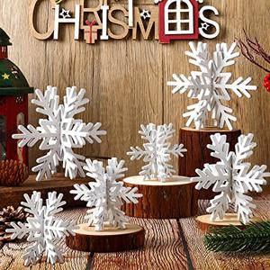 Bucherry 12 Pcs Wooden Snowflake Table Decor 3D Snowflake Tabletop Signs and Centerpiece for Christmas Xmas Winter Wonderland Decorations Home Party(White)