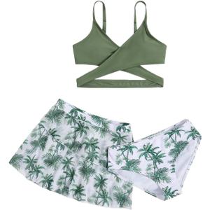 Milumia Girl's 3 Pieces Bikini Set Tropical Print Criss Cross Wrap Bathing Suit with Beach Skirt (Multicolor)