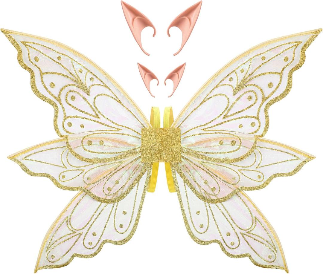 Sratte Fairy Wings with Elf Ears Butterfly Angel Wings for Women Adults Halloween Fairy Costume (Gold)